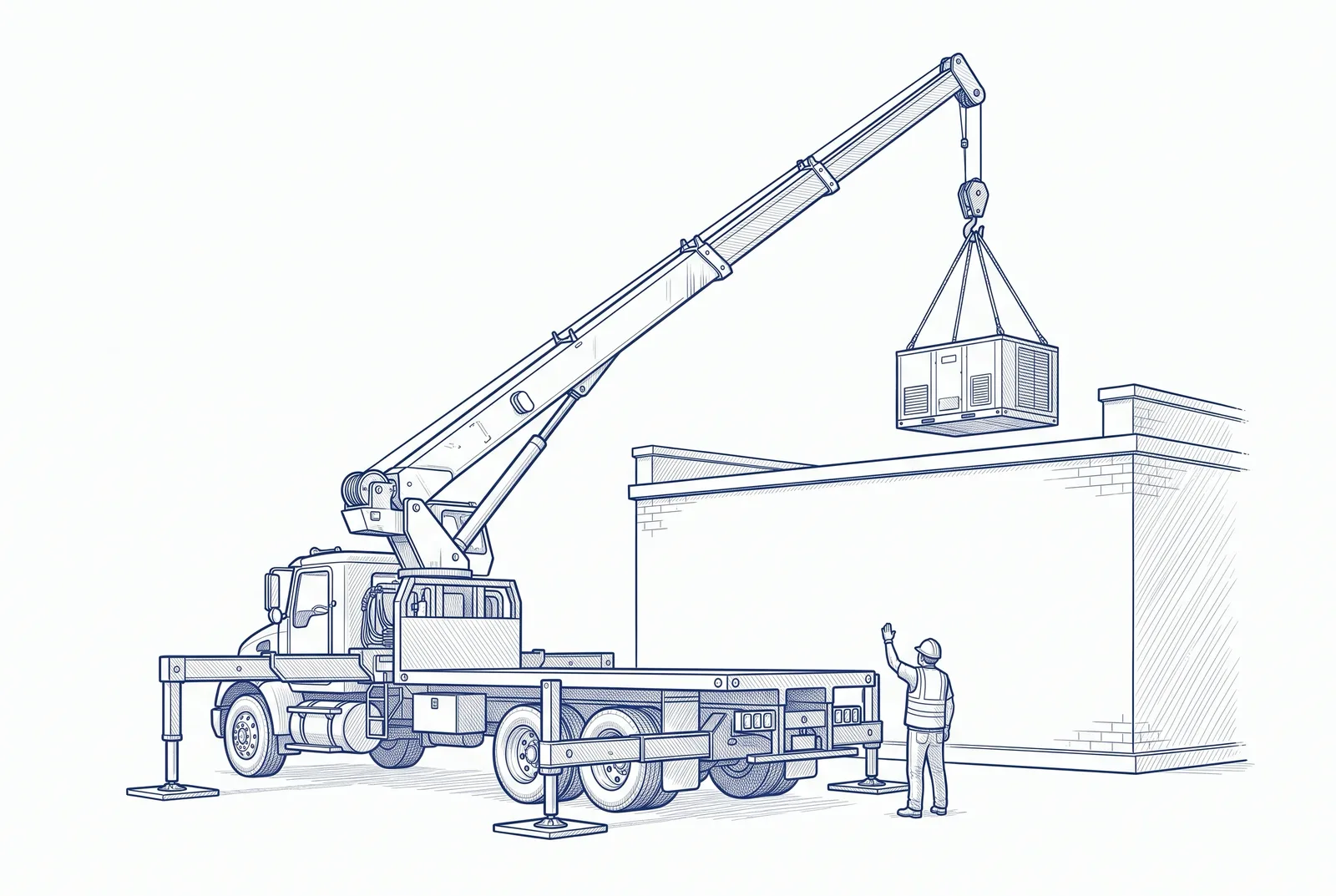 Line drawing of a boom truck with outriggers down lifting a rooftop HVAC unit onto a low commercial roof while a signal person on the ground raises an arm.
